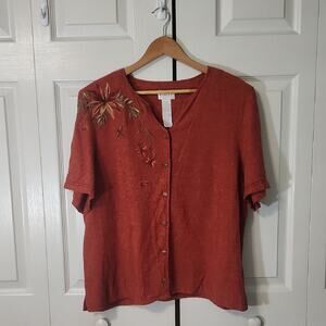Vintage Koret Terracotta Floral Button-Down Shirt Size XL Embroidered 90s Linen